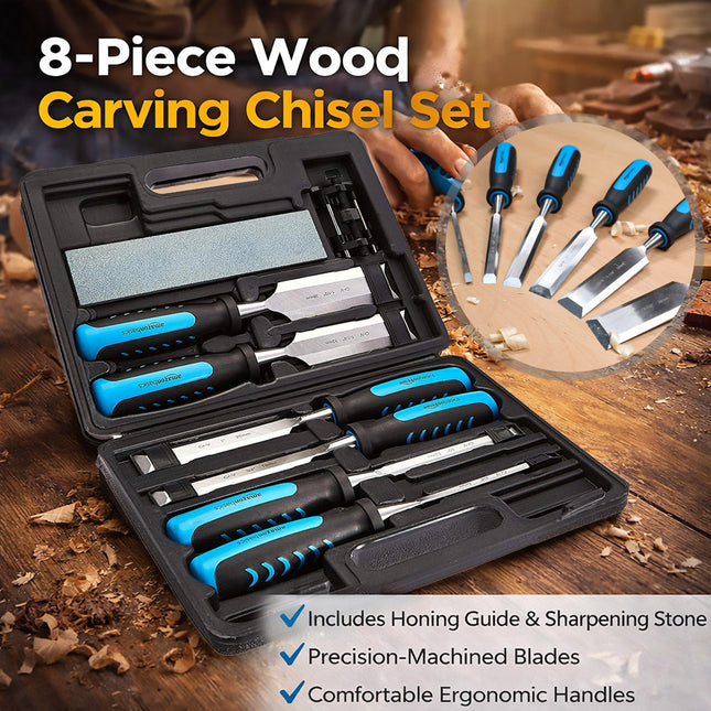 8Pcs Chrome Vanadium Steel Woodworking Tools Set In Storage Case DIY Workshop