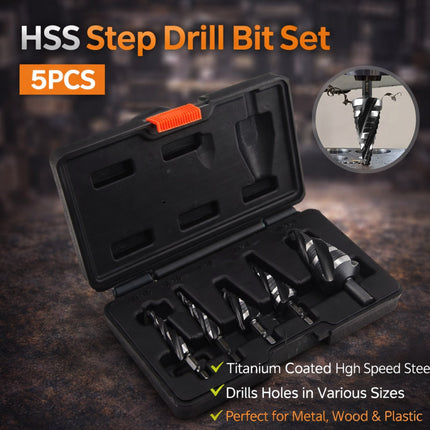 5Pcs HSS Step Drill Bit Set One-Piece Shank Multi Size For Metal Wood Plastic