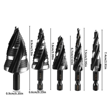 5Pcs HSS Step Drill Bit Set One-Piece Shank Multi Size For Metal Wood Plastic