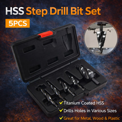 5Pcs HSS Step Drill Bit Set One-Piece Shank Multi Size For Metal Wood Plastic