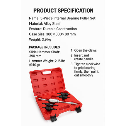 5PCS Inner Hole Bearing Extractor Slide Hammer Kit for Car Moto Repair Removal