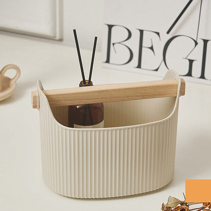 Desktop Storage Box 2PCS Ribbed Solid Wood Handle Cream Mint Home Bathroom