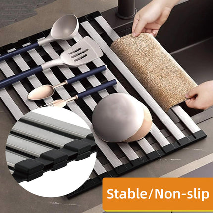 Kitchen Foldable Stainless Steel Dish Rack Drying Drainer Over Sink Drain Roll