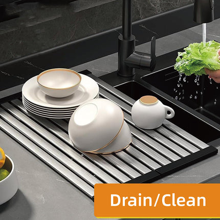 Kitchen Foldable Stainless Steel Dish Rack Drying Drainer Over Sink Drain Roll