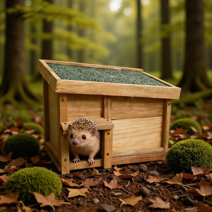 Outdoor Wooden Hedgehog House with Felt Roof - Garden Small Animal Shelter