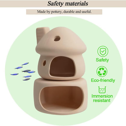 Ceramic Fish Tank Hideout Set - Mushroom House, Cave Pot & 4 Hide Stones