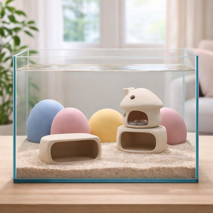Ceramic Fish Tank Hideout Set - Mushroom House, Cave Pot & 4 Hide Stones