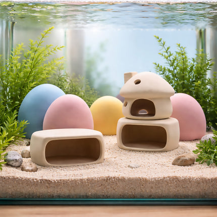 Ceramic Fish Tank Hideout Set - Mushroom House, Cave Pot & 4 Hide Stones