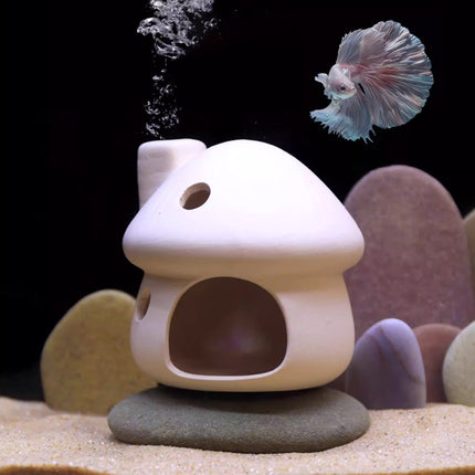 Ceramic Fish Tank Hideout Set - Mushroom House, Cave Pot & 4 Hide Stones