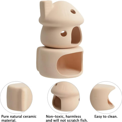 Ceramic Fish Tank Hideout Set - Mushroom House, Cave Pot & 4 Hide Stones