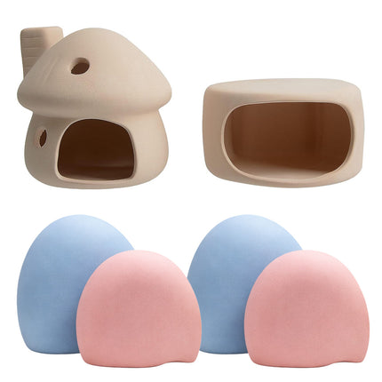 Ceramic Fish Tank Hideout Set - Mushroom House, Cave Pot & 4 Hide Stones