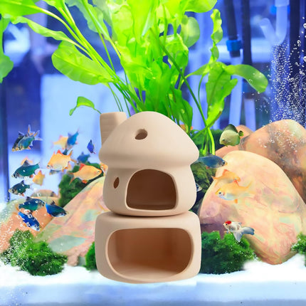 Ceramic Fish Tank Hideout Set - Mushroom House, Cave Pot & 4 Hide Stones