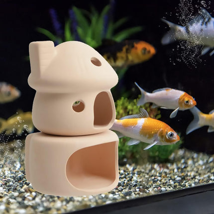 Ceramic Fish Tank Hideout Set - Mushroom House, Cave Pot & 4 Hide Stones
