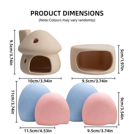 Ceramic Fish Tank Hideout Set - Mushroom House, Cave Pot & 4 Hide Stones