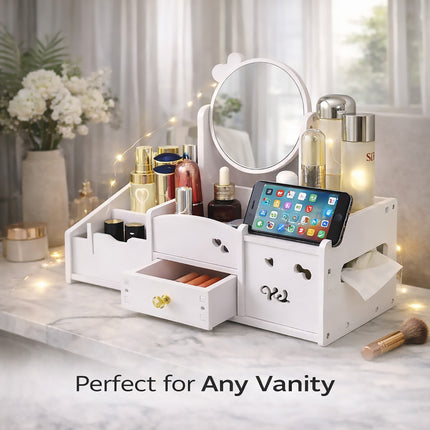 White Desktop Makeup Organiser with Reversible Mirror, Drawer & Phone Slot