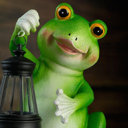 Realistic Frog Resin Sculpture with Solar Lantern for Garden and Yard