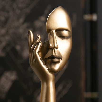 Abstract Face Resin Sculpture in Gold with Black Base for Living Room
