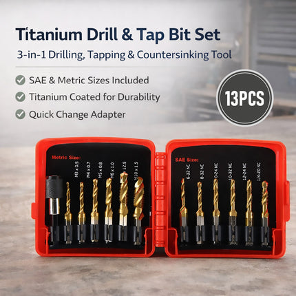 Drill Tap Bit Set 13PCS Hex Shank Threading Kit Metric SAE with Case