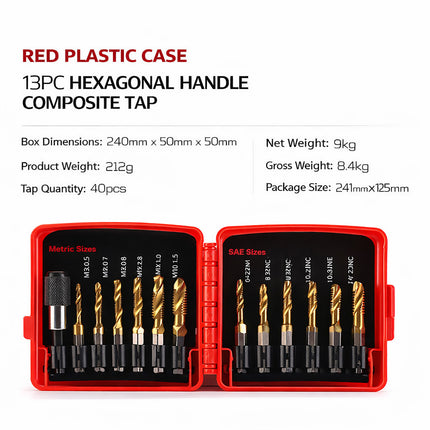 Drill Tap Bit Set 13PCS Hex Shank Threading Kit Metric SAE with Case