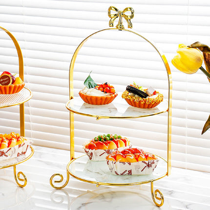 2 Tier Display Stand Gold Metal Frame Marble Trays 21x37cm for Party Wedding