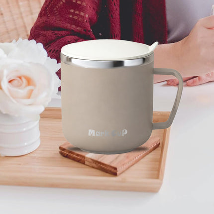 Stainless Steel Insulated Coffee Mug 400ml Double Wall Lid Handle Beige 304