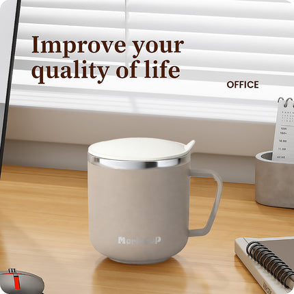 Stainless Steel Insulated Coffee Mug 400ml Double Wall Lid Handle Beige 304