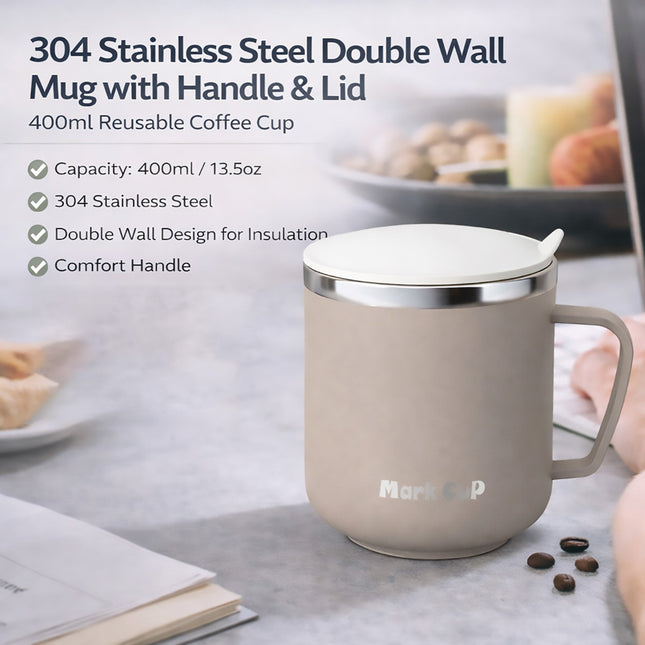 Stainless Steel Insulated Coffee Mug 400ml Double Wall Lid Handle Beige 304