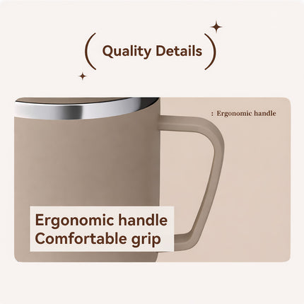 Stainless Steel Insulated Coffee Mug 400ml Double Wall Lid Handle Beige 304