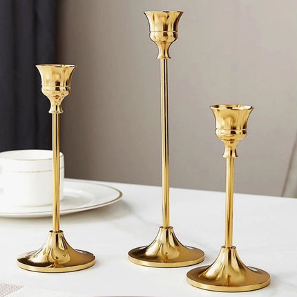 3 Pcs Vintage Candlesticks Set in Gold Metal with Different Heights