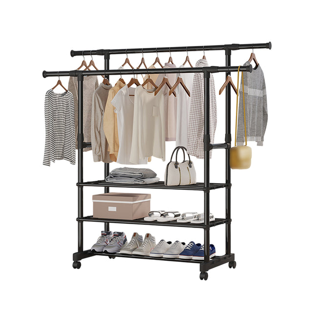 3-Tier Adjustable Height Rolling Clothes Rack Retractable Moveable with Wheels
