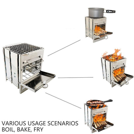 Square Wood Stove Mini Folding Grill Outdoor Camping Portable BBQ Cooking Rack