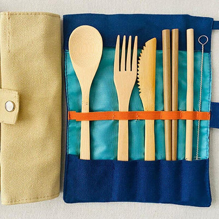 7Pcs Reusable Bamboo Cutlery Set Eco Friendly Camping Travel Fork Kit Portable A - Aimall