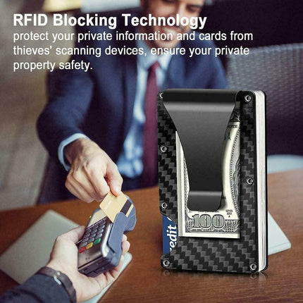 Men Slim Carbon Fiber Credit Card Holder RFID Blocking Metal Money Clip Wallet - Aimall