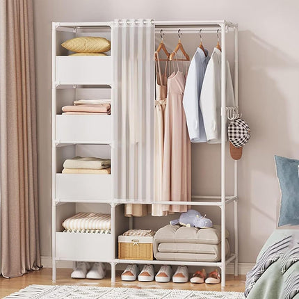 Simple Wardrobe with Curtain Large Capacity Storage Organizer for Home Bedroom