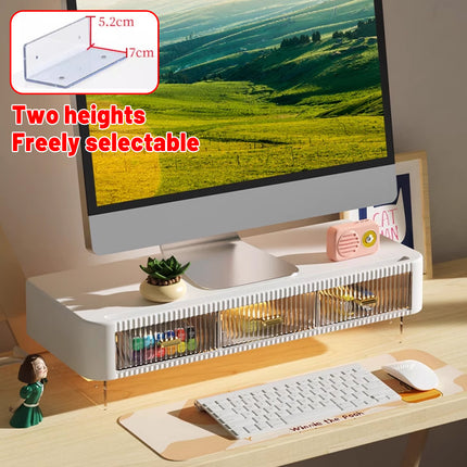 Desktop Monitor Stand Riser 54x21x15cm 3 Drawer Storage White Black for Office