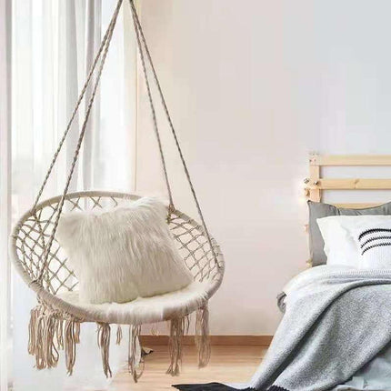 Beige Hammock Swing Chair Cotton Macrame Hanging Rope Seat Indoor Outdoor Patio