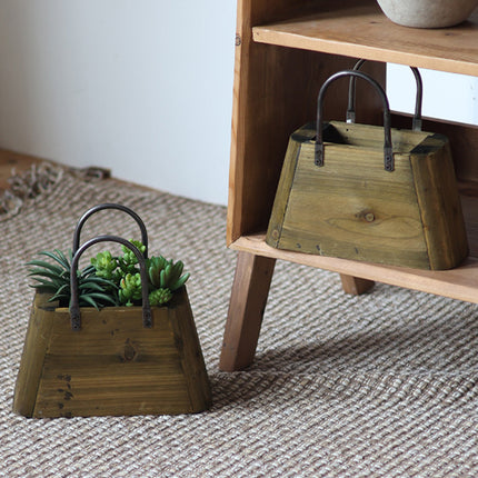 26cm Handbag Shape Flower Pot with Metal Handles in Natural Wood