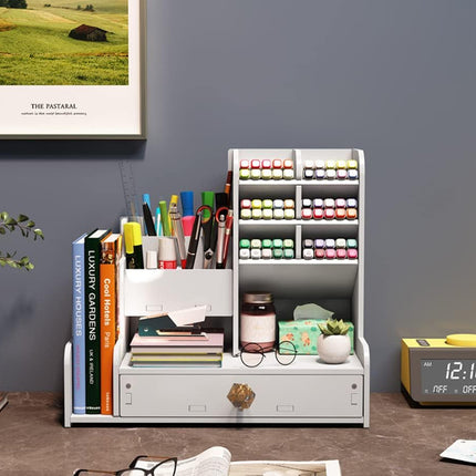 Desktop Stationery Organiser Rack with Side Bookend Drawer for Pens Markers