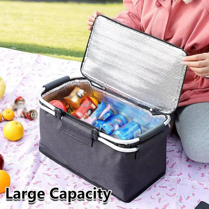 Folding Picnic Basket Insulated Cooler Bag Portable Outdoor Grocery Storage