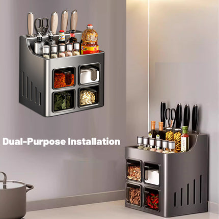 Multifunctional Wall-Mounted Spice Rack with Knife Holder Space Saving Stable