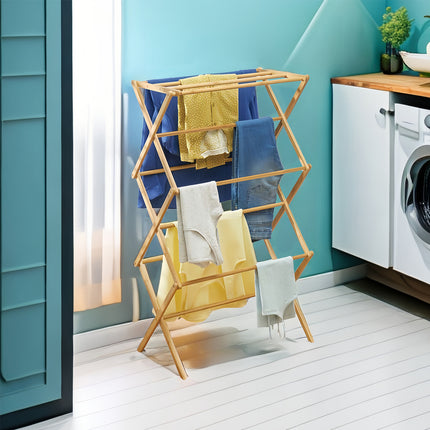 Bamboo Clothes Drying Rack Folding Floor Stand Indoor Vertical Laundry Hanger