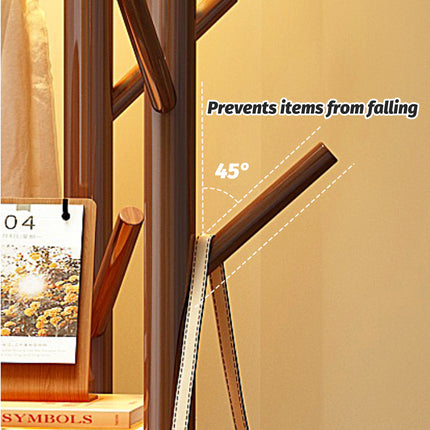 Solid Wood Floor-Standing Coat Rack with 8 Hooks Space Saving for Home Entryway