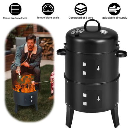 3in1 Portable Charcoal Vertical Smoker BBQ Roaster Grill Steel Water Steamer
