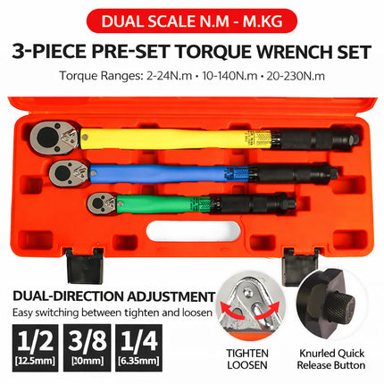 3Pcs Automotive Tire Torque Wrench Set Preset Adjustable Ratcheting Car Bike