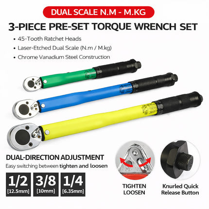 3Pcs Automotive Tire Torque Wrench Set Preset Adjustable Ratcheting Car Bike