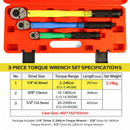 3Pcs Automotive Tire Torque Wrench Set Preset Adjustable Ratcheting Car Bike
