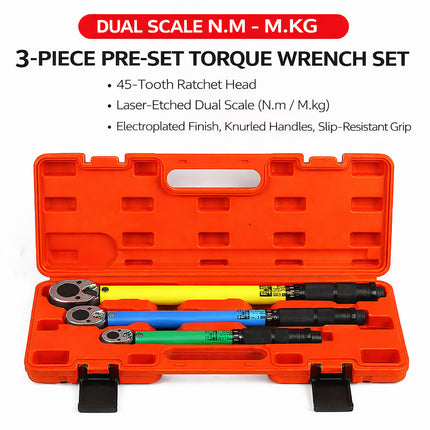 3Pcs Automotive Tire Torque Wrench Set Preset Adjustable Ratcheting Car Bike