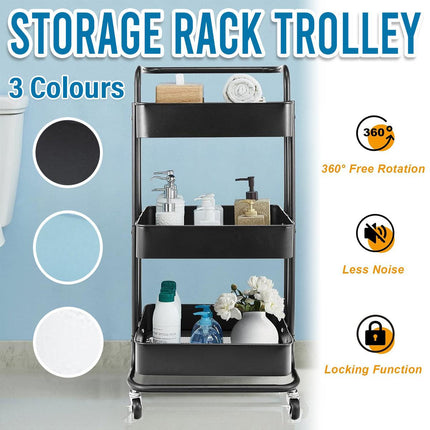 3Tier Trolley Shelf Organiser with Wheels Removable Storage Cart for Home Office