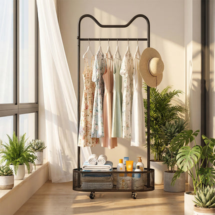 Moveable Clothes Rack 60x34x170cm Metal Frame Mesh Basket Hooks Wheels for Home