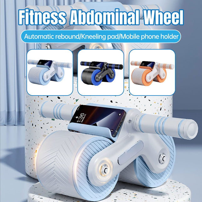 Wide Double Wheel Abdominal Roller with Auto Rebound and Phone Holder